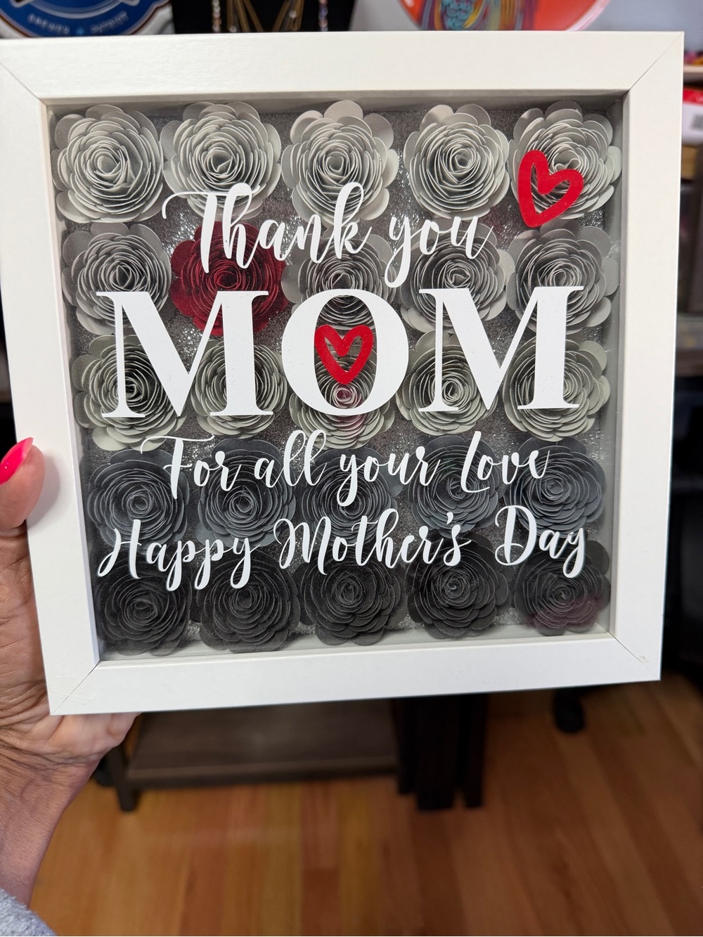 Thank You Mom Framed Floral Shadow Box - White Frame with Gray and Red Flowers